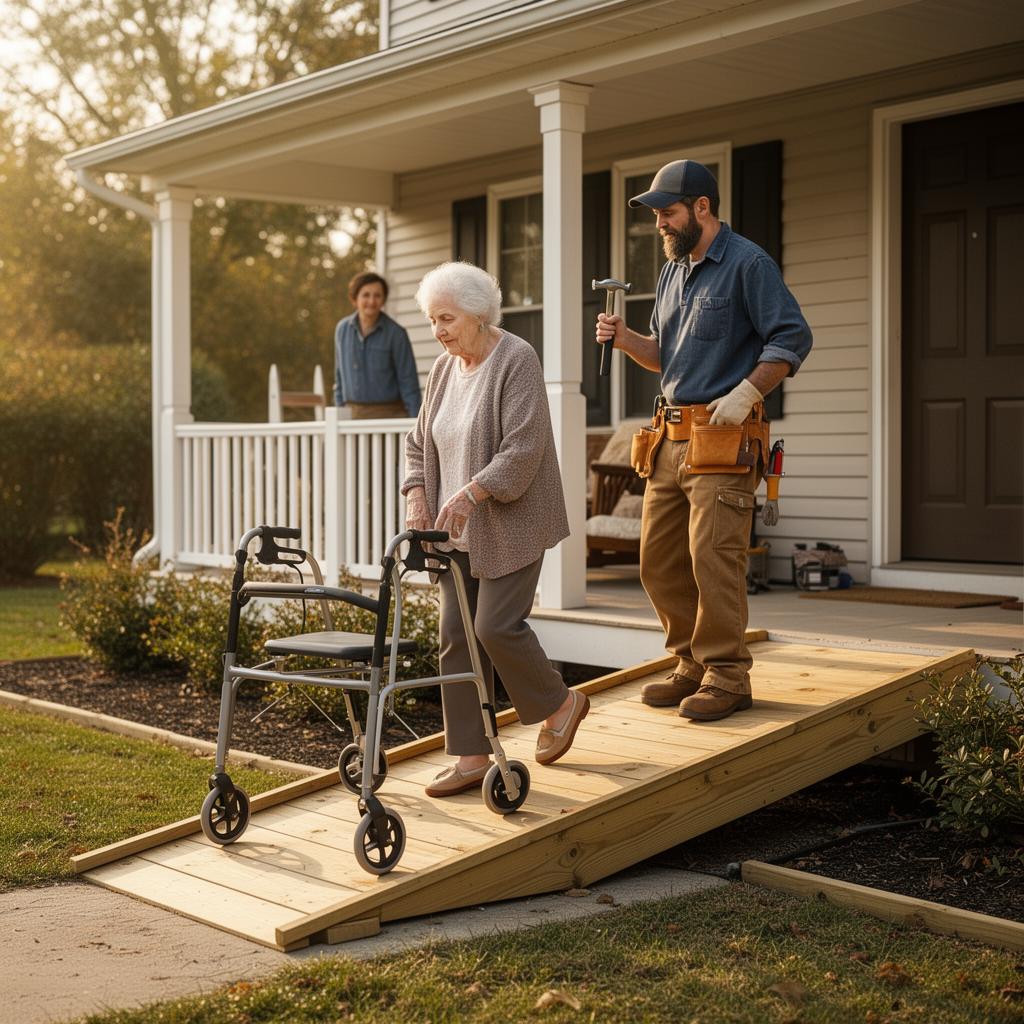 An elderly woman with a walker descending a new accessibility ramp, alongside a contractor holding a hammer